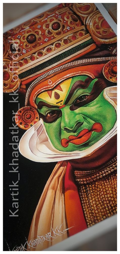 Kathakali Canvas Painting, Theyam Art Form, Kadakali Drawing, Kadhakali Paintings, Theyyam Drawing, Realistic Paintings Acrylics, Kathakali Face Painting, Kathakali Drawing, Realistic Rangoli