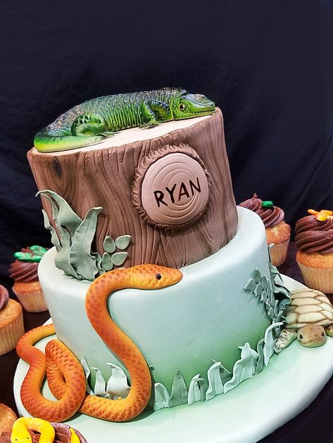 Reptile birthday cake. jungle / airbrushed snake / lizard / turtle Animal Theme Cakes For Kids, Jungle Cake Ideas Boys, Reptile Party Cake, 6th Birthday Cake Boys, Reptile Desserts, Reptile Themed Birthday Cake, Reptile Cake Ideas, Reptile Theme Cake, Reptile Birthday Party Ideas