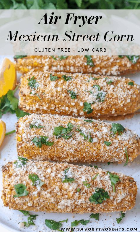 Easy Air Fryer Mexican Street Corn On The Cob (Elotes) that will draw everyone to the table. Air fried to perfection. It takes only 10 minutes. Tex-Mex side dish. Mexican style corn on the cob with a creamy spread. It is gluten-free and low carb! Mexican Street Corn | Elotes | Mexican Corn | Creamy Corn | Mexican Corn On The Cob | Creamy Corn Spread | Air Fryer Corn #mexicanstreetcorn #creamycorn #mexicancornonthecob #texmexsidedish #elotes #airfryercorn #mexicancornrecipe #creamycornspread Elote Air Fryer, Street Style Corn On The Cob, Mexican Corn On The Cob Air Fryer, Air Fryer Elote Corn, Street Corn Air Fryer, Mexican Fried Corn Recipe, Corn On The Cob Air Fryer Recipes, Airfry Corn On Cob, Airfryer Corn On The Cob