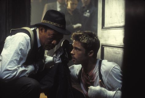 Morgan Freeman as Detective Somerset, and Brad Pitt as Detective Mills [Se7en, 1995] Seven 1995, Se7en 1995, Film Seven, Psychological Thriller Movies, Seven Movie, Hidden Movie, Robert Duvall, David Fincher, I Love Cinema