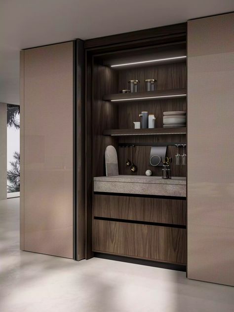 Sipario pocket doors - SNAIDERO Coin Café, Recessed Cabinet, Kitchen Suite, Home Bar Rooms, Double Glass Doors, Game Room Bar, Kitchen Organization Pantry, Home Bar Designs, Kitchen Collection