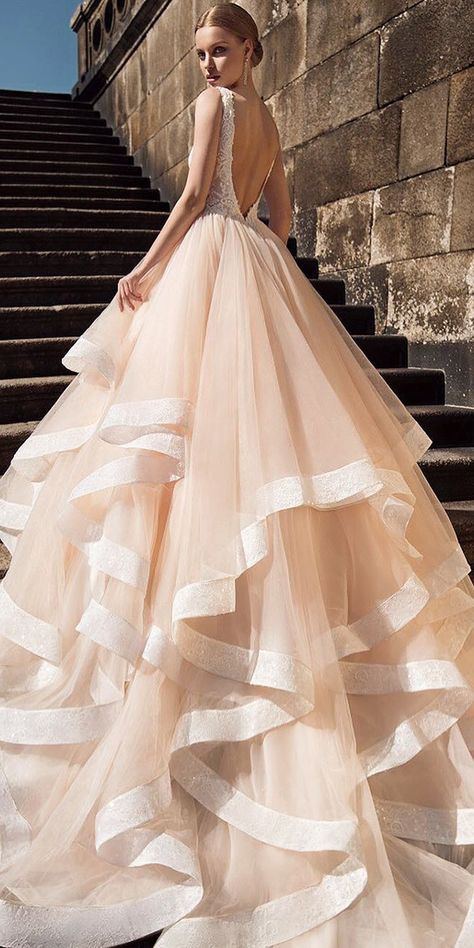 princess wedding dresses blush low back ruffled skirt ricca sposa Pink Ruffle Wedding Dress, Cascading Ruffles Wedding Dress, Wedding Dresses With Lace, Wedding Dress Low Back, Fairy Wedding Dress, Dresses With Lace, Blush Wedding Dress, Tulle Wedding Gown, Wedding Dress Champagne