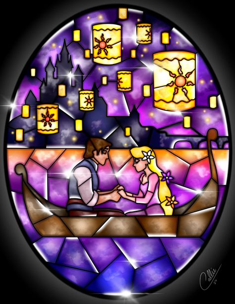 Stained Glass Tangled by CallieClara on DeviantArt Tangled Art, Disney Stained Glass, Deco Disney, People Cartoon, Painted Glass Art, Images Disney, Draw People, Disney Rapunzel, Stained Glass Christmas