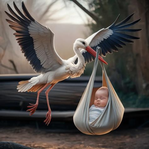 A serene and captivating illustration by Hans Darias AI, featuring a majestic stork in mid-flight with its wings fully extended, carrying a content baby in a cloth sling. The stork exudes a gentle and nurturing aura, while the baby looks peacefully asleep. The background reveals a softly blurred wooded area, immersing the viewer in a natural and tranquil setting. Wooded Area, Aura, Flight, Spirituality, Quick Saves