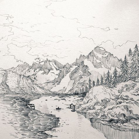 Waterfall Sketch, Mountain Sketch, Landscape Pencil Drawings, Mountain Drawing, Nature Sketch, Landscape Sketch, Nature Drawing, Arte Sketchbook, Pencil Art Drawings