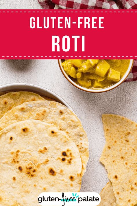 Make these 5-ingredient gluten-free roti at home and devour them with your favorite curry. They're really easy to make and have a soft texture. Gluten Free Indian Bread, Gluten Free Paratha, Gluten Free Chapati Recipe, Indian Gluten Free Recipes, Gf Roti, Gluten Free Roti Recipe, Gf Wraps, Gluten Free Roti, Gluten Free Pita