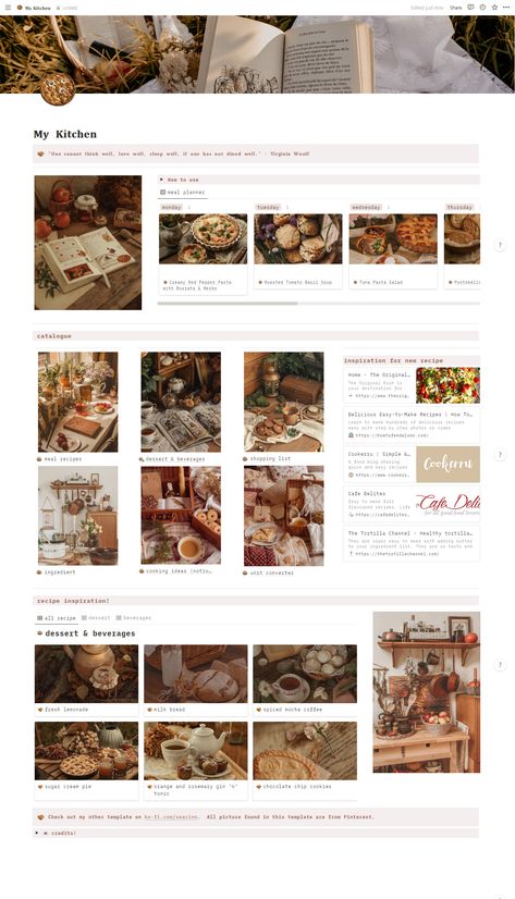 Meal planner, notion template, cookbook, cottage core Notion Cookbook Template, Notion Recipe Book, Notion Cooking Template, Recipe Notion Template, Notion Template Recipe, Notion Recipe Template, Meal Planner Notion Template, Notion Recipes Page, Notion Mood Board