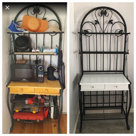 Bakers Rack Makeover Farmhouse, Bakers Rack Makeover, Bakers Rack, Coffee Nook, Dresser Makeover, Upcycled Furniture, Painting Cabinets, Household Items, Furniture Makeover