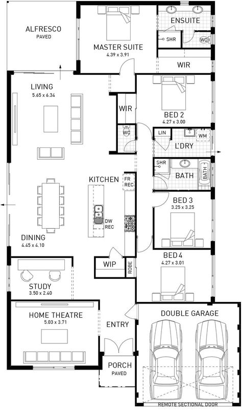 Single Storey Floor Plan, Master Layout, Four Bedroom House Plans, Single Storey House Plans, Narrow House Plans, One Storey House, Bungalow Floor Plans, Narrow Lot House Plans, Affordable House Plans