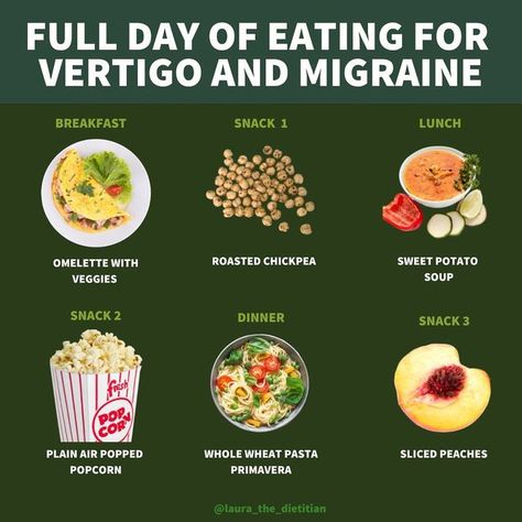 Laura Weisberg | Registered Dietitian on Instagram: "💥 Full Day of Eating for Vertigo and Migraine .It Didn't Cause Me To Have A Headache 🎯 🌪️ Last weekend, I had vertigo and migraine. It was terrible. 😵‍💫 I couldn't figure out what to eat that would make me feel better. ⚠️ Remember Your Food Triggers! Feel Free To Swap Out Any Of These Foods For a Non-Triggering Food Item ⚠️ 🍽️ Let’s Dig In… Shall We!? 🍳 Breakfast: Omelette with Veggies. 🧆 Snack 1: Roasted Chickpeas 🥣 Lunch: Sweet Pota Foods For Vertigo, Foods For Headache Relief, Vertigo Relief Remedies Food, Foods To Eat When You Have A Headache, Migraine Snacks, Migraine Relief Food, Food For Migraines, Migraine Foods To Eat, Headache Food