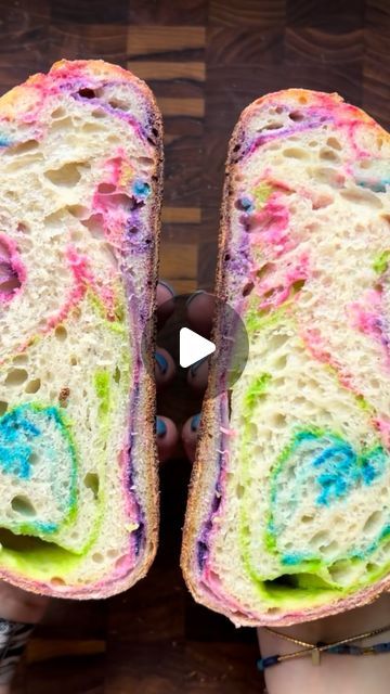 Biz Velatini - Chicago Blogger on Instagram: "Rainbow Sourdough Bread  This colorful bread reminds me of the rainbow bread I made Hannah when she was little. @hannahfindinghealth - do you remember that?  My sourdough bread recipe I use is from @sourdough_enzo - just google sourdough enzo sourdough bread and you’ll find it. Each recipe makes 2 loaves of bread, this is what I did with half of that batch.  2 teaspoons each of colored food dye - I did violet, blue, green and pink - each color gets added to 1/4 of the dough with two teaspoons of the food die, then rolled to cover the dough.  The food dye was bought on Amazon:  Jelife Powdered Food Dye  Lay each color on top of each other, roll each long side into the middle, then roll up from the bottom. I cook my bread in a 500 degree oven in Sourdough Enzo, Colorful Bread, Colored Bread, Rainbow Bread, Loaves Of Bread, Bread Starter, Braided Bread, Sour Dough, Sourdough Bread Recipe