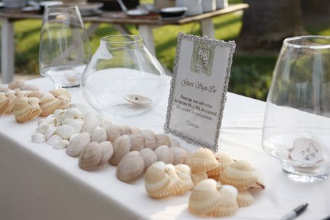 Unique guest book idea for beach wedding.  Have guest sign seashells with a sweet message for the bride and groom. Wedding Guest Book Ideas Beach, Beach Wedding Signs Cute Ideas, Beach Groom, Beach Wedding Guest Book, Creative Guest Book, Mexican Bridal Showers, Book Shower, Bridal Shower Guest Book, Bridal Shower Decorations Diy