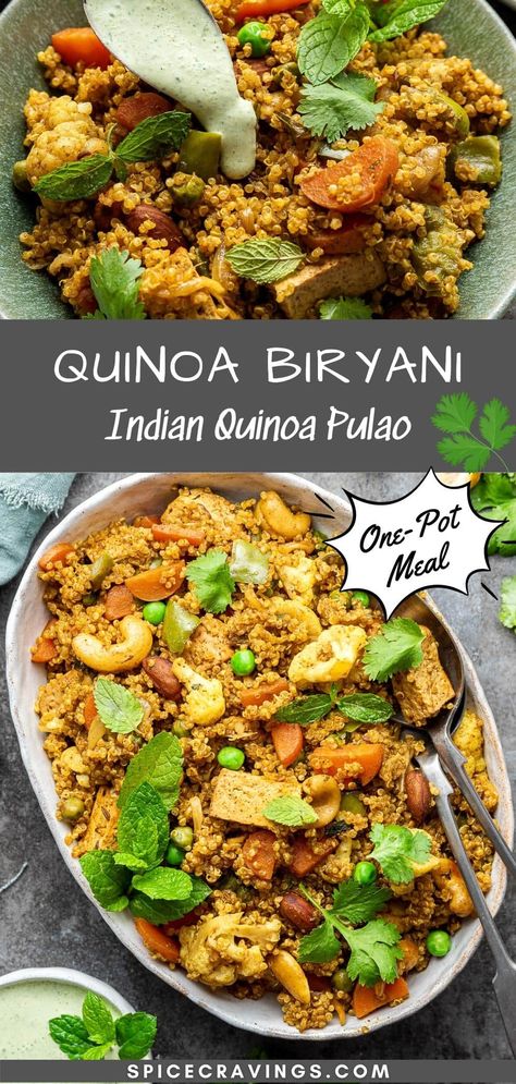 Enjoy Quinoa Biryani, a healthy one-pot meal in which quinoa and vegetables are cooked with fresh herbs and fragrant Indian spices in under 30 minutes. #quinoa #biryani #indianrecipes Quinoa Indian Recipes, Quinoa And Vegetables, Vegan Quinoa Recipes, Paneer Biryani, Instant Pot Quinoa, Quinoa Recipes Easy, Healthy One Pot Meals, Quinoa Dishes, Paneer Dishes