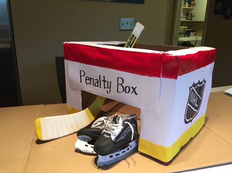 DIY Halloween Baby Hockey Skates & Penalty Box Trunk Or Treat Hockey Theme, Hockey Floats For Parade, Hockey Valentine Box Ideas, Hockey Penalty Box Diy, Hockey Rink Valentines Boxes, Hockey Valentines Boxes, Hockey Valentines Ideas, Diy Halloween Baby, Stroller Costume