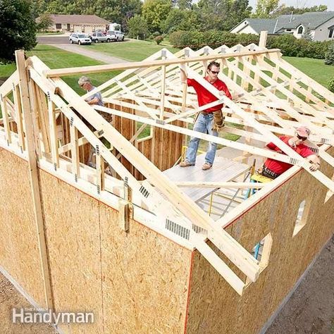 How to Build a Garage: Framing a Garage (DIY) | Family Handyman Building A Shed Roof, Diy Storage Shed Plans, Building A Storage Shed, Build A Shed, Diy Storage Shed, Build Your Own Shed, Shed Construction, Shed Floor, Building A Garage