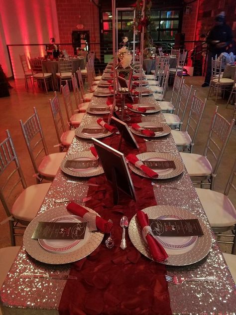 Red White And Silver Sweet 16 Decorations, Red And Silver Quinceanera Decorations, Red And Silver Sweet 16 Party Ideas, Red And Silver Table Decorations, Red And Silver Decorations Party Ideas, Red And Silver Table Setting, Simple Elegant Table Decor, Red And Silver Party Decor, Red And Silver Sweet 16