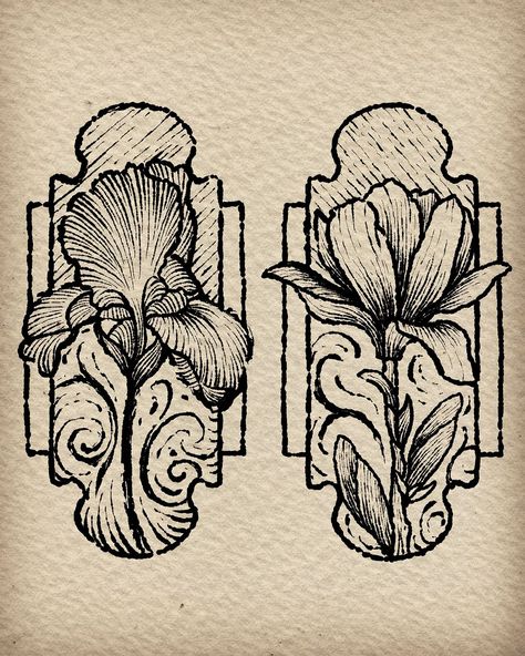 Tattooist Wood | Iris & Magnolia with textured tattooing Reusable flash design Minimum scale 12cm x 5 cm #woodcuttattoo #tattooidea #blackworktattoo… | Instagram 18th Century Tattoo, Art Nouveau Iris Tattoo, Wood Texture Tattoo, Medieval Flower Tattoo, Trellis Tattoo, Wood Cut Tattoo Style, Lithograph Tattoo, Textured Tattoos, Wood Etching Tattoo