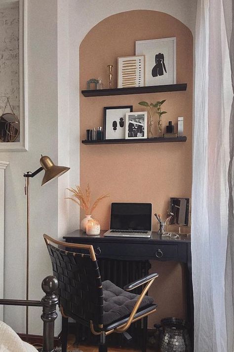 Desk in Living Room Painted Arch, Tiny Home Office, Tiny Desk, Tiny Desks, Tiny Office, Wall Shelving Units, Small Space Office, Desks For Small Spaces, Desk In Living Room