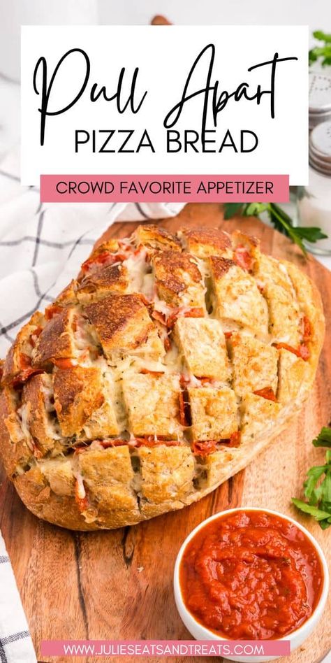 Skip Delivery, Make Pull-Apart Pizza Bread! This crowd-favorite appetizer is a breeze to prepare. Tender Italian bread is loaded with pepperoni, cheese, and a garlicky Parmesan butter, then baked to crispy perfection. Serve with warm marinara for dipping! School Bread, Baked Brussel Sprouts, Parmesan Butter, Pepperoni And Cheese, Pull Apart Pizza, Pull Apart Pizza Bread, Savory Breads, Weekend Lunch, Italian Herbs