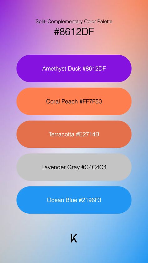 Split–Complementary Color Palette Amethyst Dusk #8612DF · Coral Peach #FF7F50 · Terracotta #E2714B · Lavender Gray #C4C4C4 · Ocean Blue #2196F3 Complementary Color Palette, Split Complementary Colors, Split Complementary, Hex Color Palette, Color Meanings, Hex Codes, Coral Peach, Hex Colors, Blue Violet