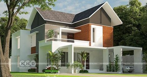 2110 square feet 4 bedroom sloping roof house plan by Covo Architectural Studio, Malappuram, Kerala. Roof Home Design, Slope Roof, Flat Roof Design, Sloping Roof, Beautiful Modern Homes, Jaali Design, Flat Roof House, Kerala House, House Roof Design