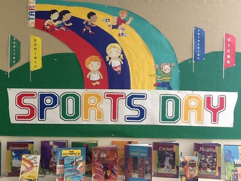 Sports Day Board Decoration, Kids Sports Pictures, Sports Bulletin Boards, Sports Day Decoration, Sports Pictures Display, Sports Day Poster, Art Room Rules, Display Board Ideas, Sports Display