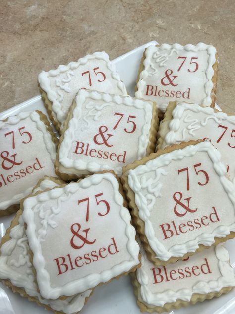 75th Birthday  Cookies #livaysweetshop #cookies Vintage 75th Birthday Party, 75tg Birthday Ideas, 75 Year Old Birthday Party Ideas, 75 Birthday Cookies, 75th Birthday Favors Ideas, 75th Birthday Party Ideas For Women, 75th Birthday Cookies Decorated, 75th Birthday Theme, 75th Birthday Ideas For Mom Decoration