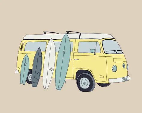 Surf Van Drawing, Combi Van Drawing, Beach Van Drawing, Vw Bus Illustration, Vw Van Drawing, Drawing Surfboard, Beach Aesthetic Drawing, Vw Bus Drawing, Miami Drawing