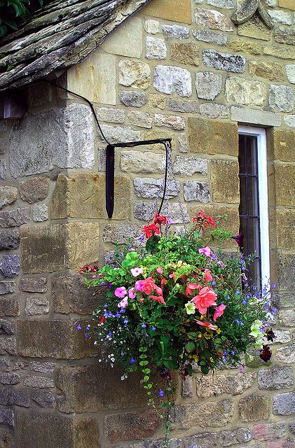 Hanging Basket in the Cotswolds Summer Gardens, Flowers Hanging, Flower Baskets, Hanging Flower Baskets, Hanging Flower, Garden Containers, Old Stone, Hanging Basket, Stone House