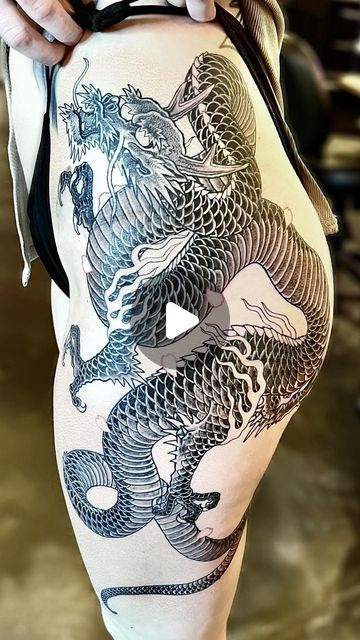 Studio Thirteen Tattoo on Instagram: "Badass Japanese style black and grey dragon with cherry blossoms by @briandocktattoo for the gorgeous @becksss____  This is a big hip and thigh tattoo that required multiple sessions, she’s tough as nails! 

.
.
#tattooshop #tattooartist #tattoosofinstagram #tattoo #floridatattooartist #spacecoast #cocoavillage #brevard #thightattoo #legtattoo #floridatattooer #blackandgreytattoo #dragontattoo #neojapanese" Dragon With Cherry Blossoms, Thirteen Tattoo, Grey Dragon, Florida Tattoos, Tough As Nails, Dragon Tattoo, Japanese Tattoo, Thigh Tattoo, Black And Grey Tattoos