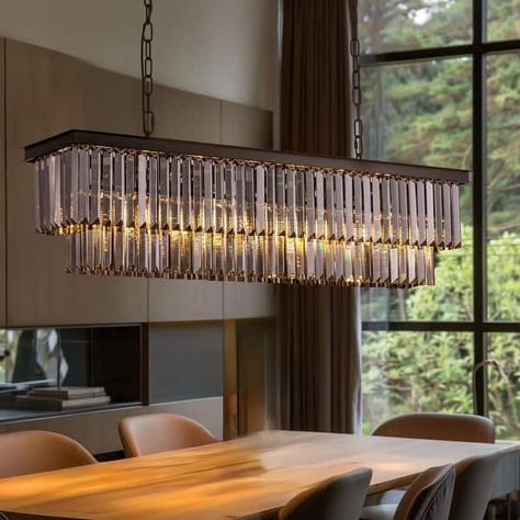 40 in. Smoky Grey Modern Crystal Chandelier 7-Light Linear Chandelier Kitchen Island Pendant Light for Dining Room - On Sale - Bed Bath & Beyond - 36064034 Linear Chandelier Kitchen, Entry Way Chandelier, Chandelier Kitchen Island, Crystal Kitchen, Black Crystal Chandelier, Kitchen Island Pendant Light, Dining Room Chandelier Modern, Chandelier Kitchen, Light For Dining Room