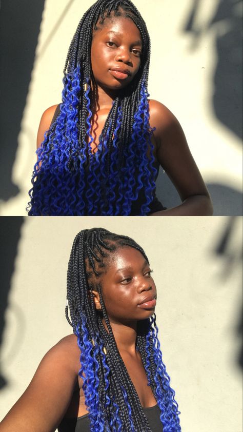 Blue Knotless Braids With Curls, Dark Blue Peekaboo Braids, Black And Blue Braids With Curls, Peekaboo Box Braids Blue, Black And Blue Braids, Ombré Knotless Braids, Ombre Knotless Braids, Ombré Knotless, Blue Box Braids