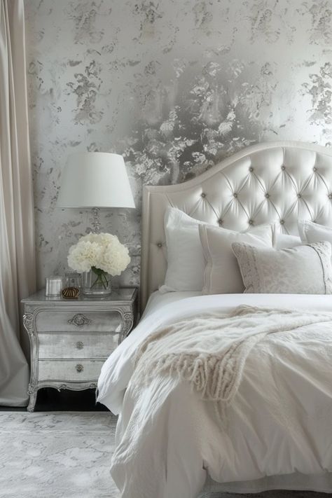 25 White and Silver Bedroom Ideas for a Soothing Space Silver Bedroom Ideas, White And Silver Bedroom, Regency Bedroom, Silver Bedroom Decor, Traditional Dressers, Silver Bedroom, Spring Interiors, Sleeping Quarters, Bedroom Layouts