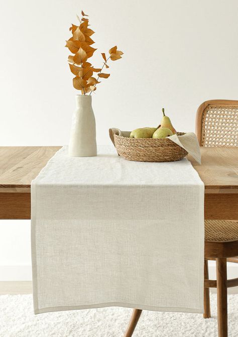 Give your dining table a fresh new look with our linen table runners. Handcrafted of premium quality European linen, our runners are available in various colors and sizes. Beige Dining Table, Bohemian Table Decor, White Linen Table, Organic Table, White Table Runner, Linen Runner, Dining Table Runner, Bohemian Table, Easter Table Runners