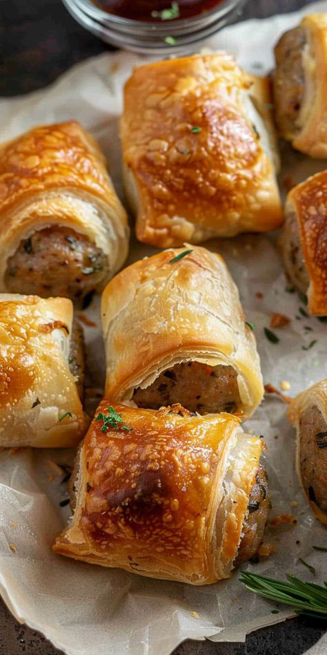 Mini Sausage Rolls [45 Minutes] - Chasety Savoury Fall Snacks, Mini Breakfast Pastries, Savoury Picnic Food, French Onion Sausage Rolls, Afternoon Tea Savoury Ideas, Savoury Baking Ideas, Savoury Christmas Food, Savoury Rolls, Pastry Sandwiches