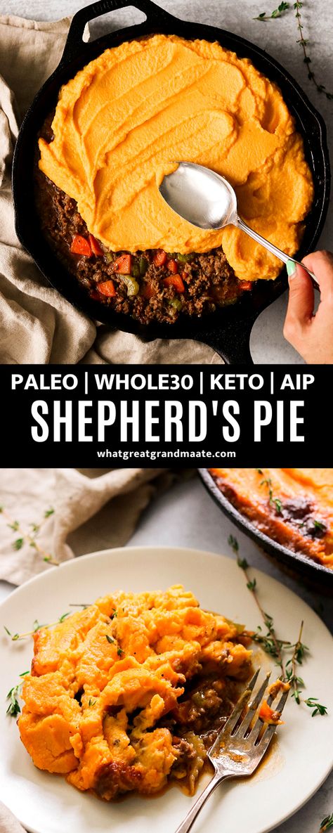 This Whole30 and low carb shepherd's pie topped with mashed cauliflower and carrots is amazingly comforting and delicious, and healthier than the traditional version without sacrificing on the flavor! #paleo #whole30 #shepherdspie #keto #lowcarb #comfortfood #aip #autoimmuneprotocol #glutenfree #dairyfree #stpatricksday #whole30 Low Carb Shepherds Pie, Keto Shepherd's Pie, Aip Meals, Autoimmune Paleo Recipes, Aip Paleo Recipes, Egg Diet Plan, Low Carb Low Fat Recipes, Autoimmune Diet, Boiled Egg Diet Plan