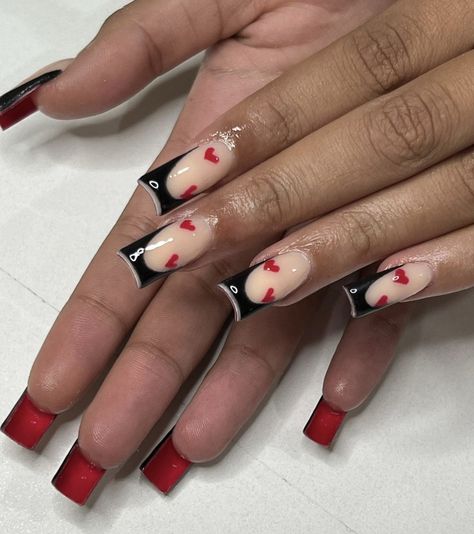 Black French With Red Hearts, Red And Black Tapered Square Nails, Y2k Nails Short Red, Red Bottom Valentine Nails, Short Square Valentines Nails Red, Black Red Valentines Nails, Red Bottom Nails Short, Black Nails Red Heart, Short Red Bottom Nails