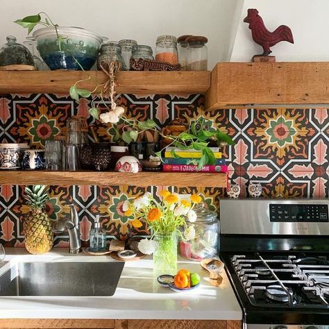 Mexican Tile Backsplash: Kitchen Ideas and Inspiration | Hunker Mexican Tile Backsplash Kitchen, Mexican Tile Backsplash, Mexican Tile Kitchen, Moroccan Tile Backsplash, Moroccan Kitchen, White Subway Tile Backsplash, Bohemian Kitchen, Mexican Kitchens, Organizing Hacks