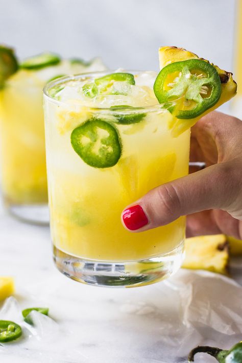 Pineapple Jalapeño Smash - An easy summer cocktail - the perfect combination of sweet and spicy! #cocktail #summer #drink #recipe Jalapeno Drink, Clover Honey, Easy Summer Cocktails, Spicy Cocktail, Pineapple Margarita, Jalapeno Margarita, Chopped Pineapple, Brown Spots Removal, Shandy