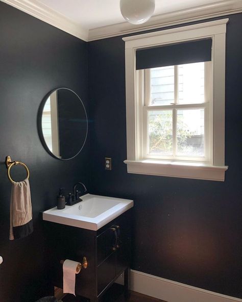 Black Bathroom Small Spaces, Black Paint Small Bathroom, Small Bathroom With Black Walls, Black Bathroom Wall Ideas, Black Painted Bathroom Wall, Black Bathroom Paint Colors, Small Bathroom With Black Vanity, Black Paint In Bathroom, Black Vanity Bathroom Ideas Wall Colors