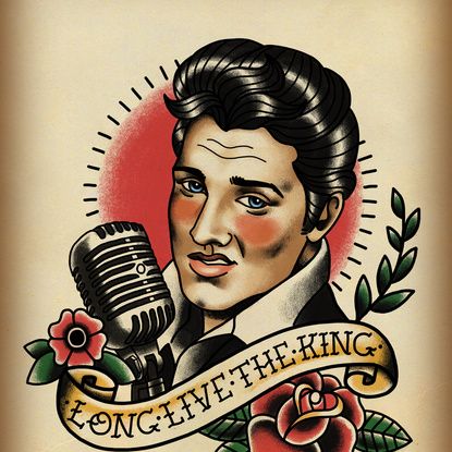 Long Live The King / Elvis Art Print by Lauren C Skinner | Society6 Elvis Tattoo, Rockabilly Tattoos, Tattoo On Neck, Rockabilly Tattoo, Tattoo Portrait, Long Live The King, Rockabilly Art, Rock Tattoo, Sailor Jerry Tattoos