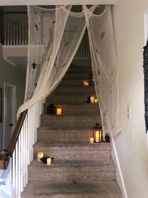 Spooky stairs! Great way to block the upstairs Stairway Halloween Decorating, Halloween Decorations For Stairs, Halloween Stairway Decor, Stairway Halloween Decor, Halloween Decorations Stairs, Halloween Stairs Decor, Halloween Decor Stairs, Stairs Halloween Decor, Halloween Staircase Decor Railings