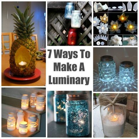 Now that the weather is warming, we will be spending a lot more time outdoors and having parties later into the evenings.  A cute and decorative luminary is a great way to add a nice touch to your … Luminary Diy, Mason Jar Luminaries, Pineapple Candles, Candle Luminaries, Glass Bottle Crafts, Painted Jars, Jar Diy, Candle Centerpieces, Crystal Candles