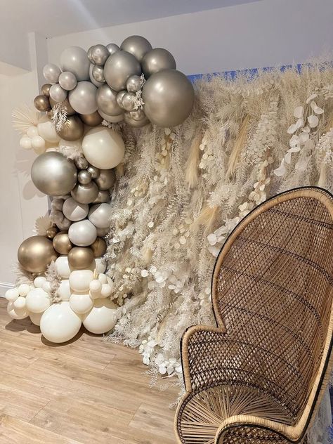 Baby shower decor. Pampas wall backdrop with balloon Garland and peacock chair Soft Play, Luxury Event, Photo Backdrop, Shower Decorations, Baby Shower Decorations, Balloons, Shower, Baby Shower, Photo And Video