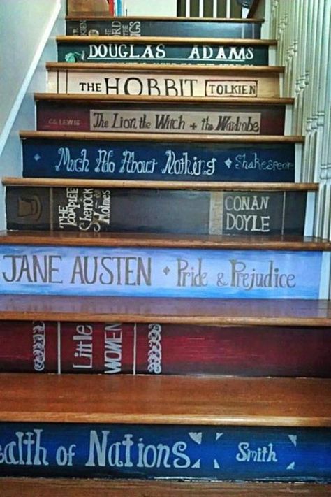 Basement stairs - paint favourite books on stair risers Book Staircase, Book Stairs, Stair Case, Stairway To Heaven, Staircase Design, 인테리어 디자인, Book Nerd, My Dream Home, Future House