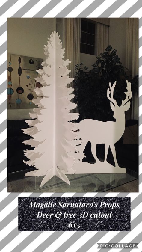 Christmas tree & deer 3D cutout 6x5 ( recycled foam board, X-acto knife) Magalie Sarnataro’s Props 2023 Dances, Deer Cutout, Xmas Decorations To Make, Company Meeting, Tree Cutout, Church Christmas Party, Christmas Parade Floats, Cardboard Christmas Tree, Christmas Tree Silhouette