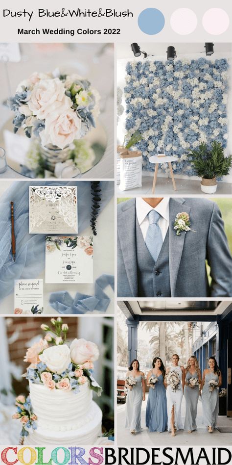 Top 8 March Wedding Color Combos for 2022 - ColorsBridesmaid March Wedding Colors Bridesmaid Dress, Light Blue And Grey Wedding Theme, Wedding Color Schemes March, March Wedding Color Schemes, March Wedding Ideas, Spring Wedding Color Ideas, Blue And Grey Wedding, March Wedding Colors, Classic Blue Wedding