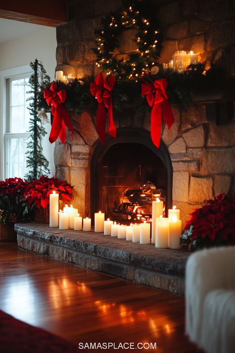 Transform your living room into a festive haven with these 21+ fireplace decor ideas for Christmas 2024! Create a cozy and magical holiday ambiance with garlands adorned with twinkling fairy lights, stockings in classic red and white, and elegant ornaments. Go for a rustic farmhouse vibe with natural greenery, pinecones, and plaid accents, or opt for a chic modern look with metallic gold and silver decor. #FireplaceDecor #ChristmasDecor2024 #HolidayHomeIdeas #FestiveFireplace Christmas Mantel Lights, Winter Fireplace Aesthetic, Christmas Fireplace Aesthetic, Fireplace Aesthetic, Festive Fireplace, Christmas Fireplaces, Decor Ideas For Christmas, Fireplace Decor Ideas, Winter Fireplace