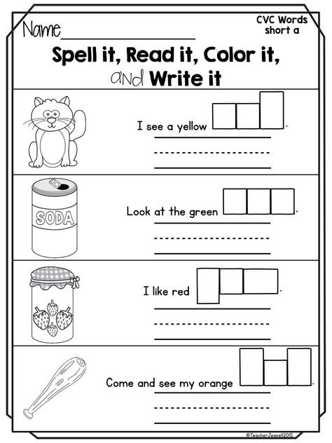 Spell it, Read it, Color it, and Write it worksheets are designed to provide students with practice on spelling cvc words, recognizing color words, and reading sight words in context. Students will sound out each cvc word and then use the letter shaped boxes to spell each cvc word. They will read each sentence and color the picture to match the sentence. Then write the cvc word on the line. Spelling Worksheets Kindergarten, Kindergarten Spelling, Consonant Blends Worksheets, Spelling Cvc Words, Writing Cvc Words, Worksheet For Kindergarten, Phonics Resources, Phonics Cvc, Cvc Words Worksheets