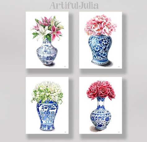 Chinoiserie Artwork, Ginger Jar Art, Blue And White Vases, Porcelain Vase Design, Chinoiserie Wall Art, Watercolour Prints, Vases Art, Chinoiserie Art, Asian Vases